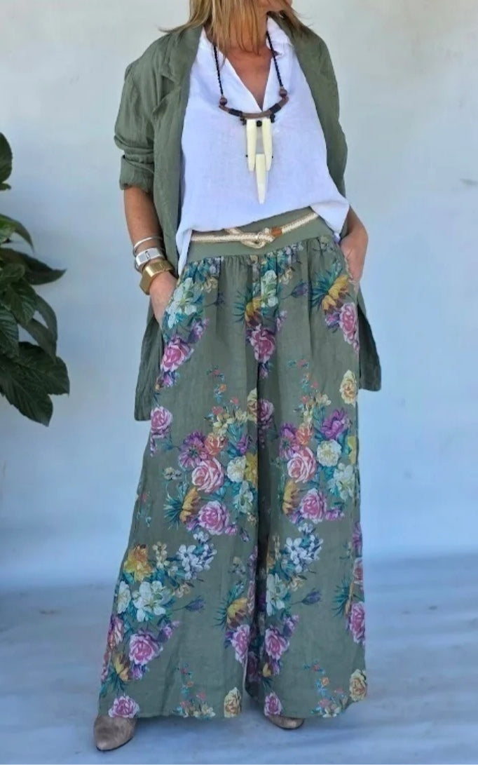 Green jacket and floral print wide-leg pants set-thevervian