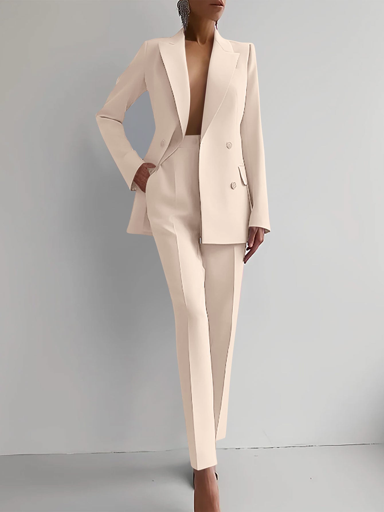 Casual Commuting Solid Color Blazer & High Waist Pants Set-thevervian
