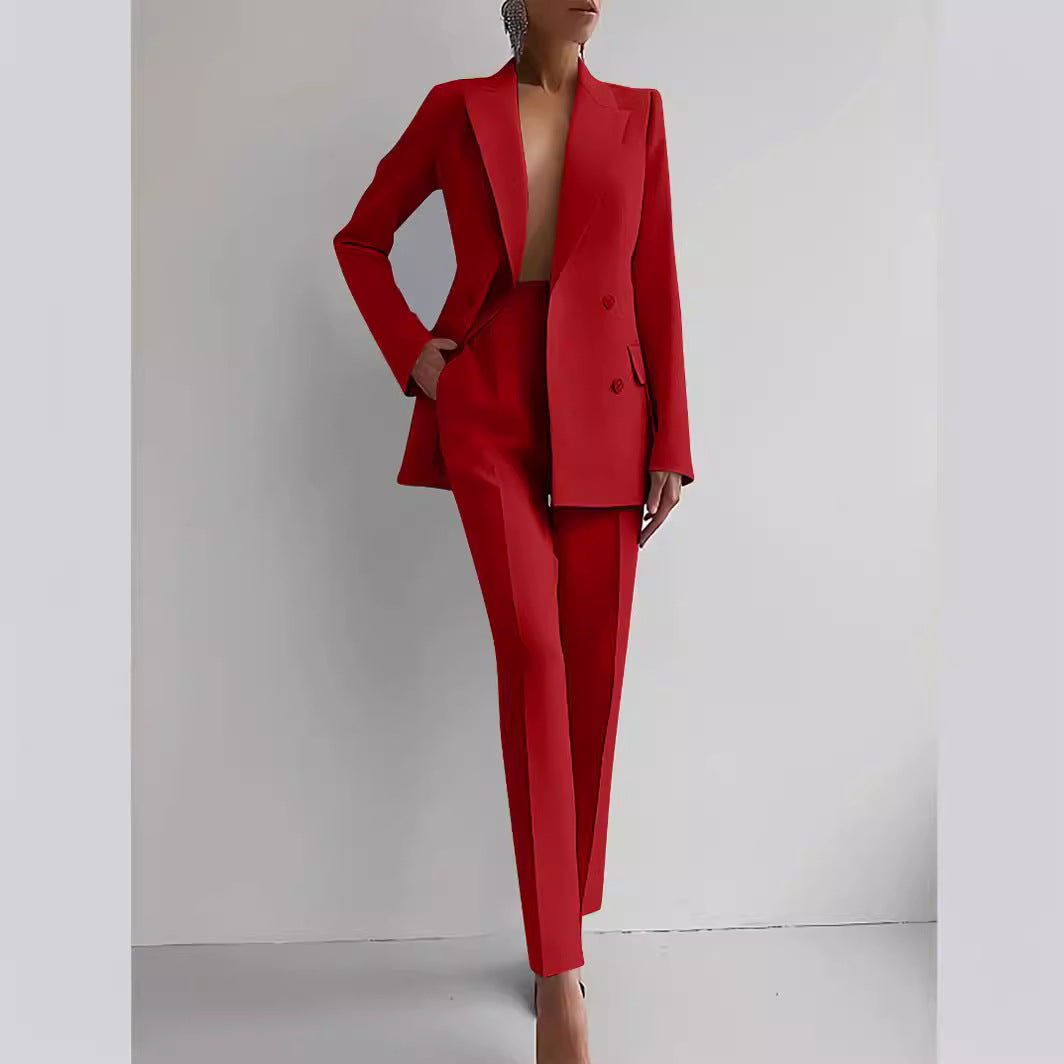 Casual Commuting Solid Color Blazer & High Waist Pants Set-thevervian
