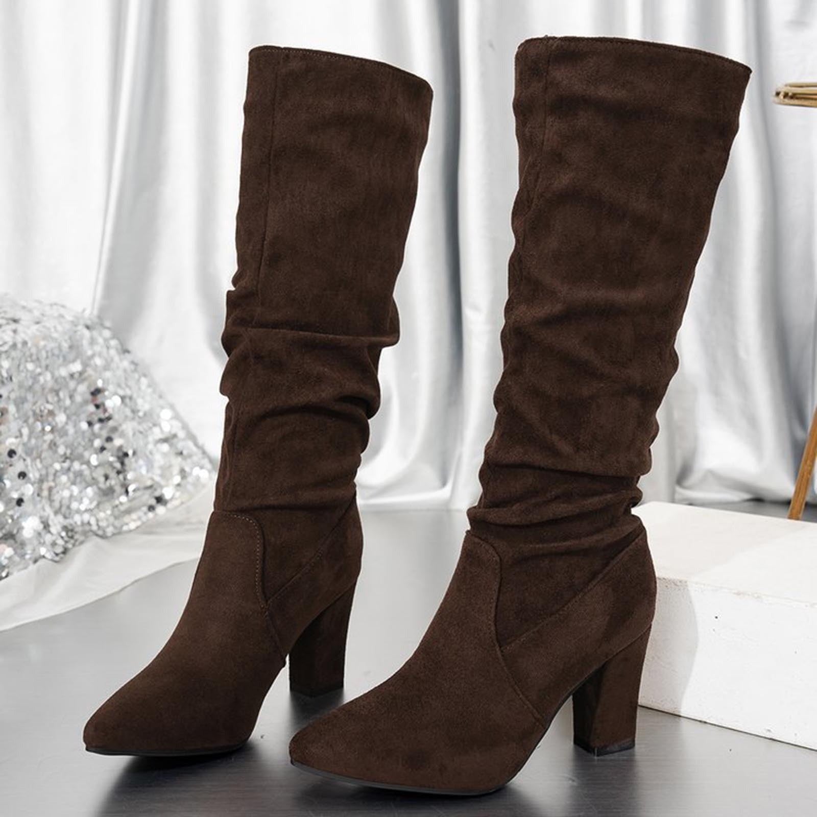 Faux Suede Mid-calf Chunky Heel Boots-thevervian