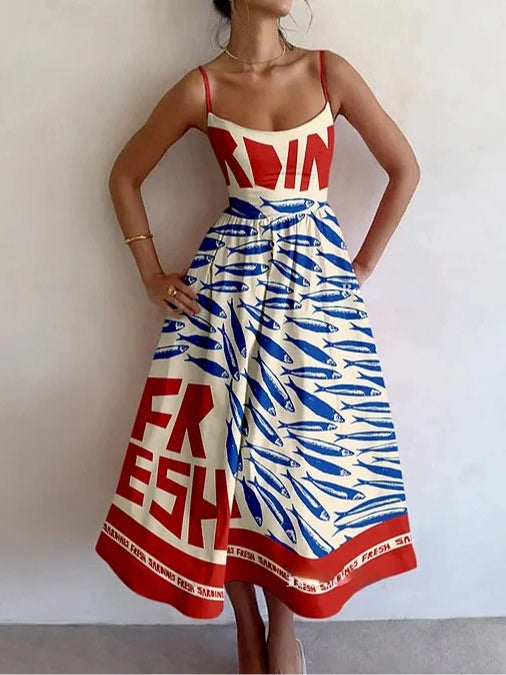 Vintage Sardine Print Suspender Dress-thevervian