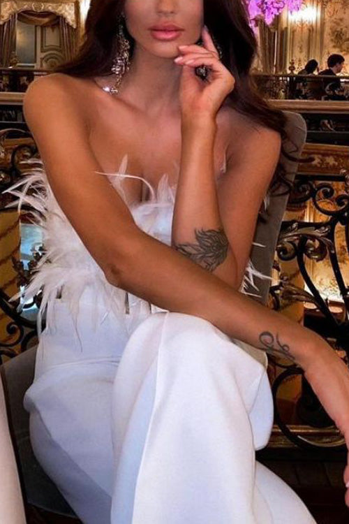 Feather Sexy Off Shoulder Sleeveless Slim Jumpsuit-thevervian
