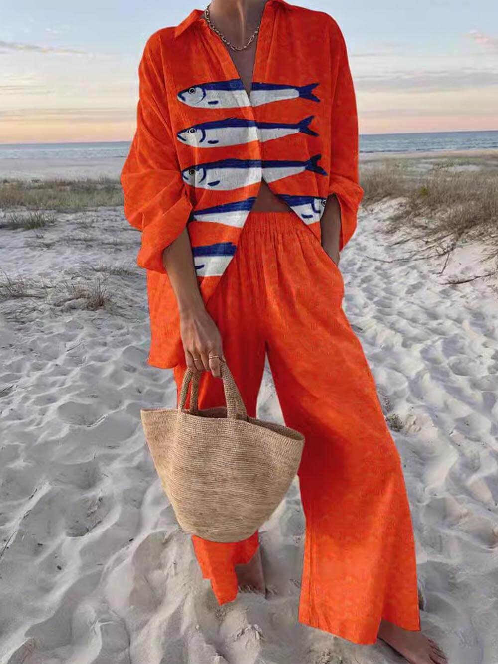 Unique Casual Print Loose Oversized Shirt Wide-Leg Pants Set-thevervian