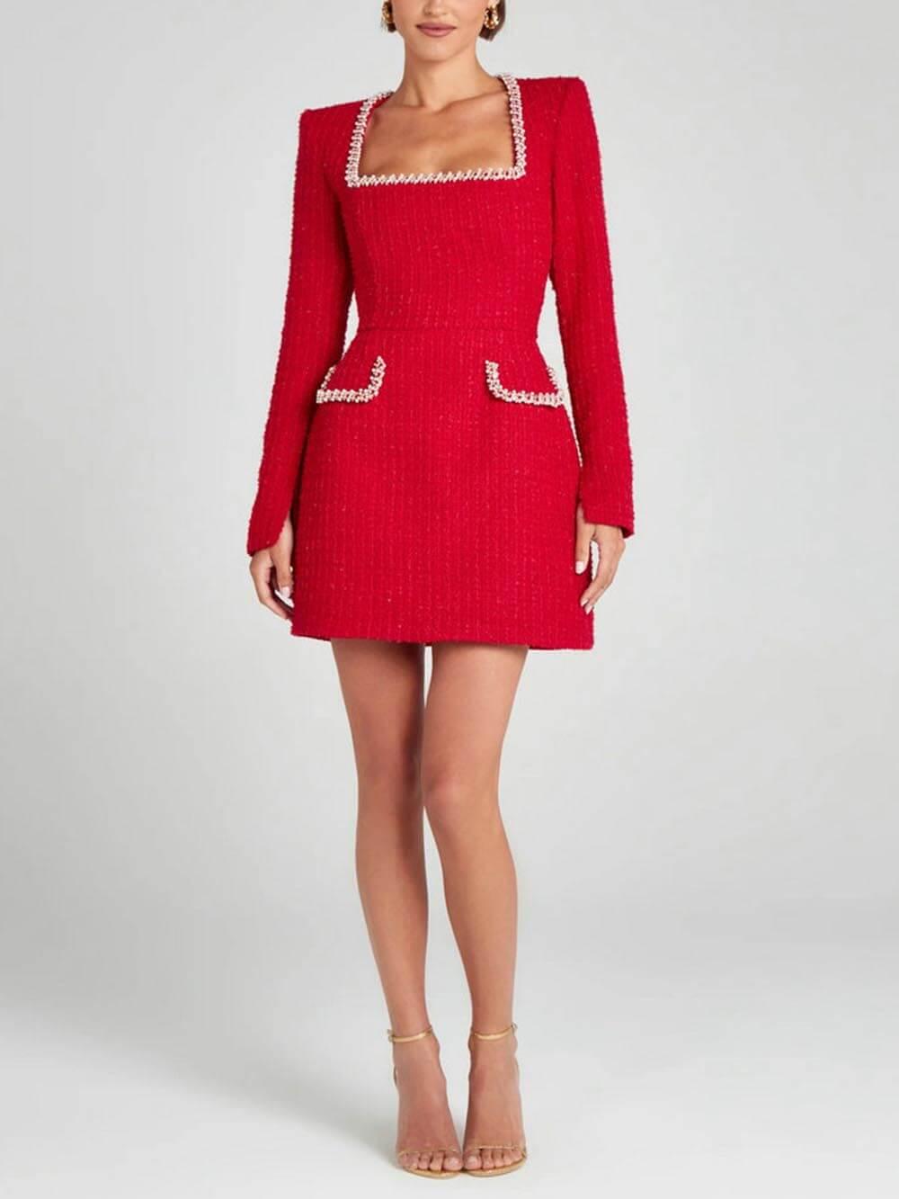 Exquisite Girl Charm Pearl Trim Slit Sleeve Pocket Mini Dress-thevervian