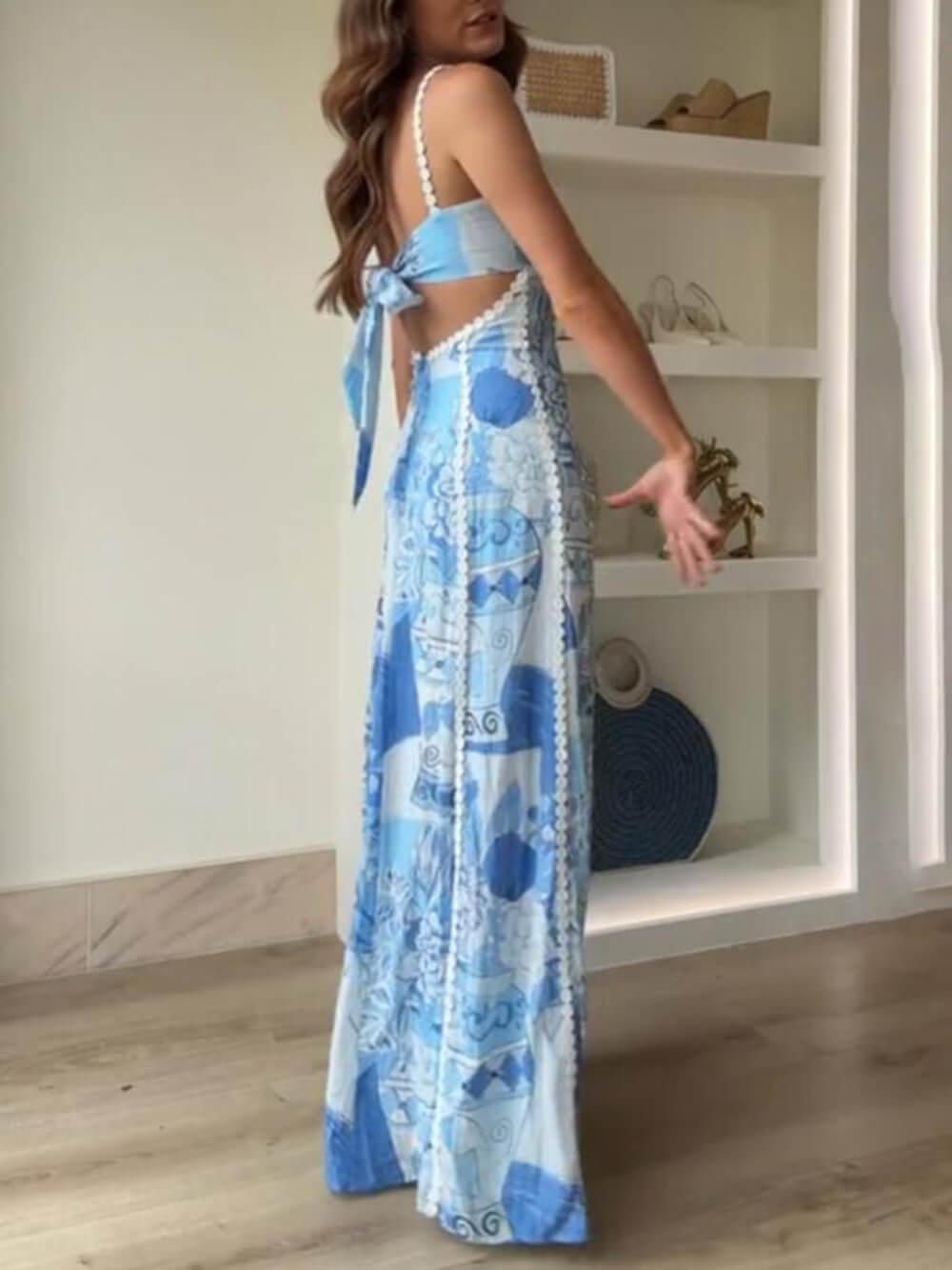 Halter Straps Lace Patchwork Printed Back Tie Halter Flare Maxi Dresses-thevervian