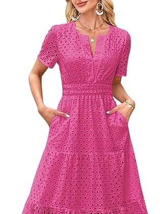 Cotton Casual Short Sleeve Hollow Pocket Midi Dress-thevervian