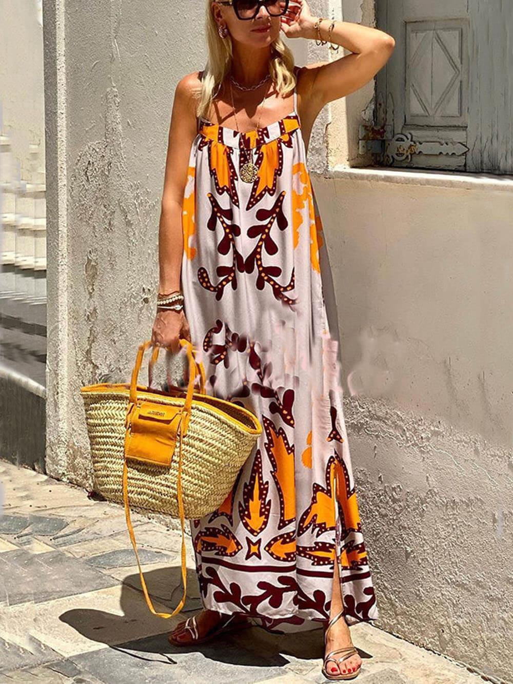 Loose Ethnic Printed Cami Maxi Dress-thevervian