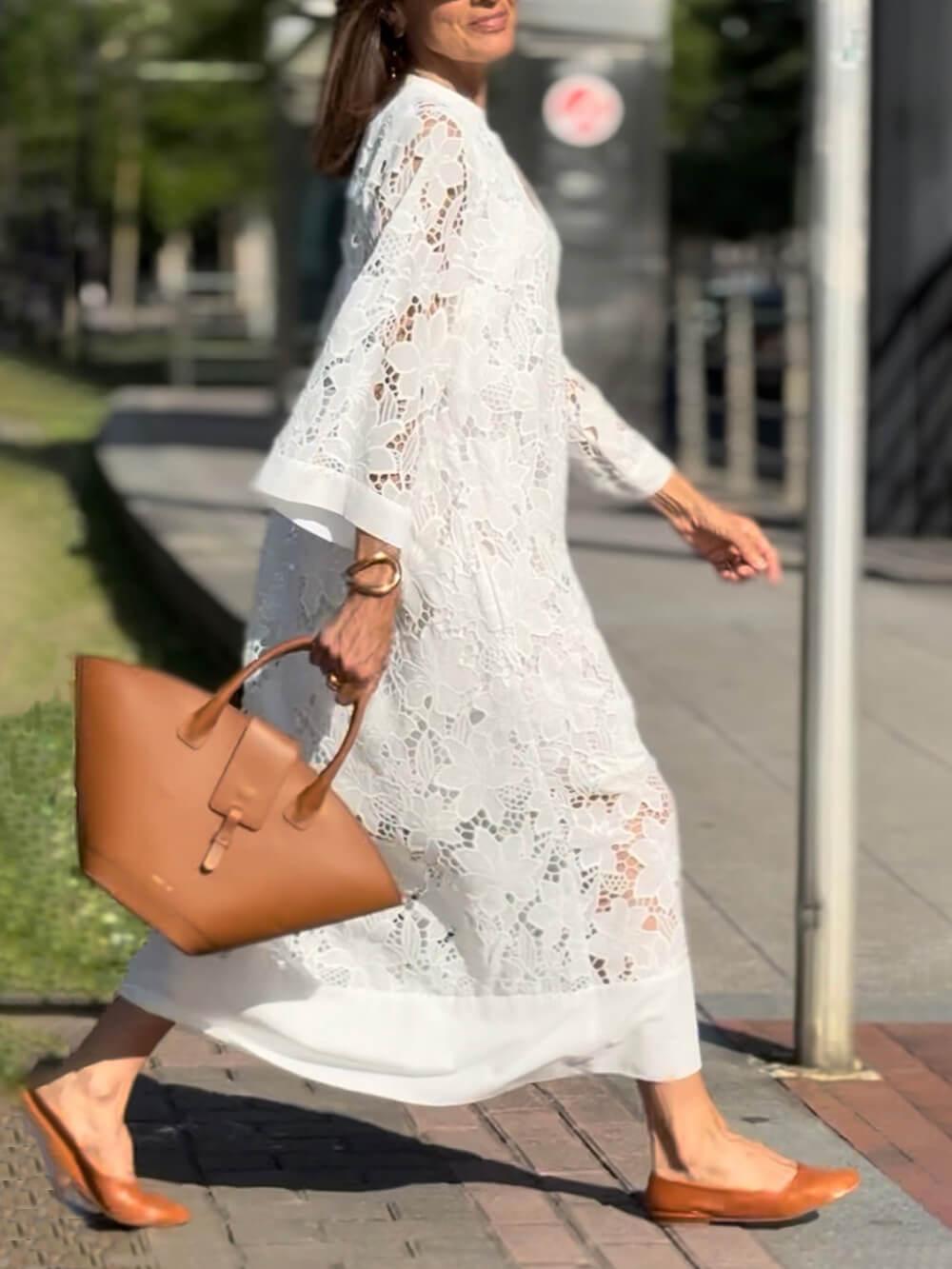 Flower Lace V-Neck Bell Sleeve Loose Midi Dress-thevervian