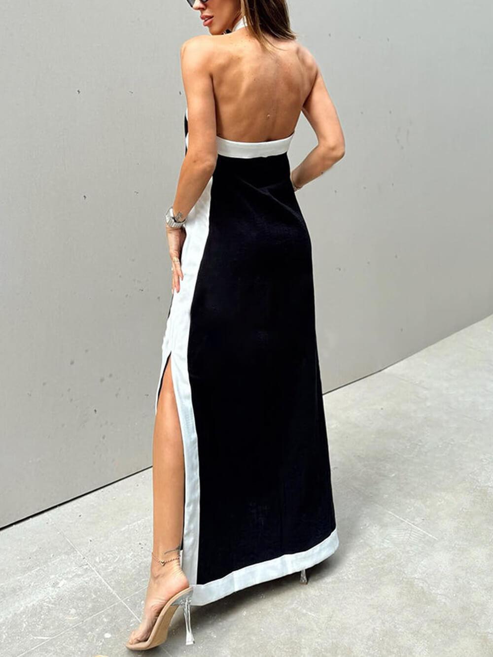 Halter Neck Slit Color Block Maxi Dress-thevervian