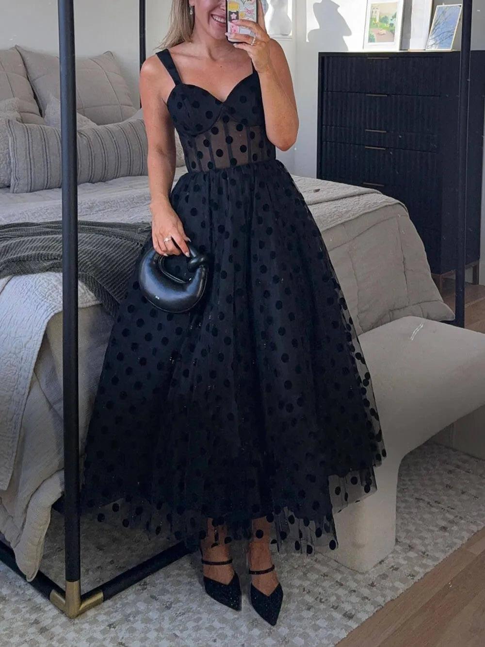 Polka Dot Sweetheart Bustier A-Line Midi Dress-thevervian