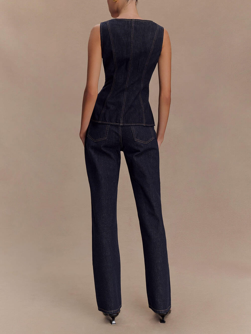 Unique Button-Down Denim Vest Top + Straight Jeans-thevervian