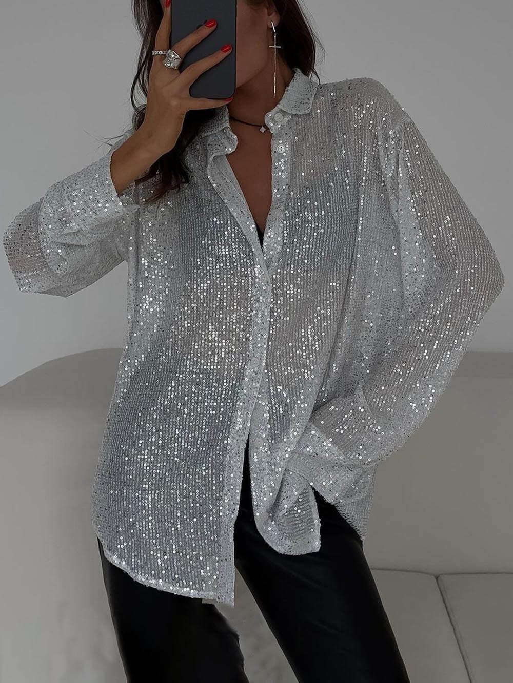 Stylish Sequined Collared Long-sleeved Shirt-thevervian
