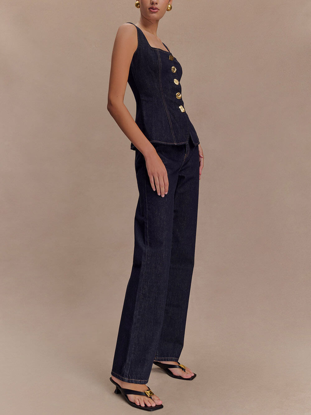 Unique Button-Down Denim Vest Top + Straight Jeans-thevervian