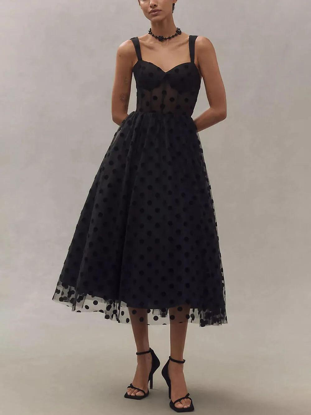 Polka Dot Sweetheart Bustier A-Line Midi Dress-thevervian