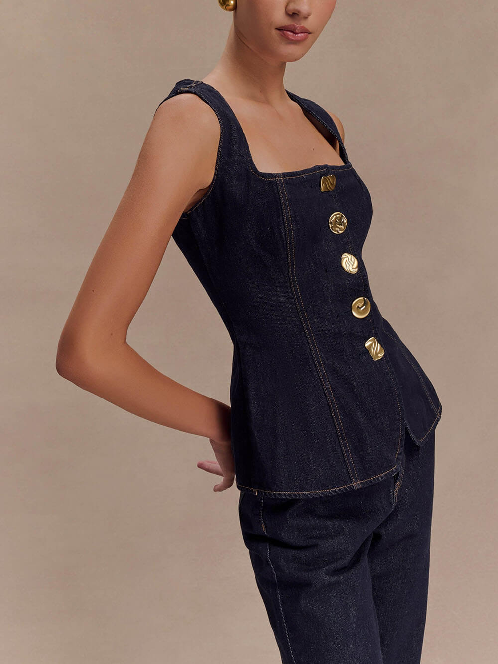 Unique Button-Down Denim Vest Top + Straight Jeans-thevervian