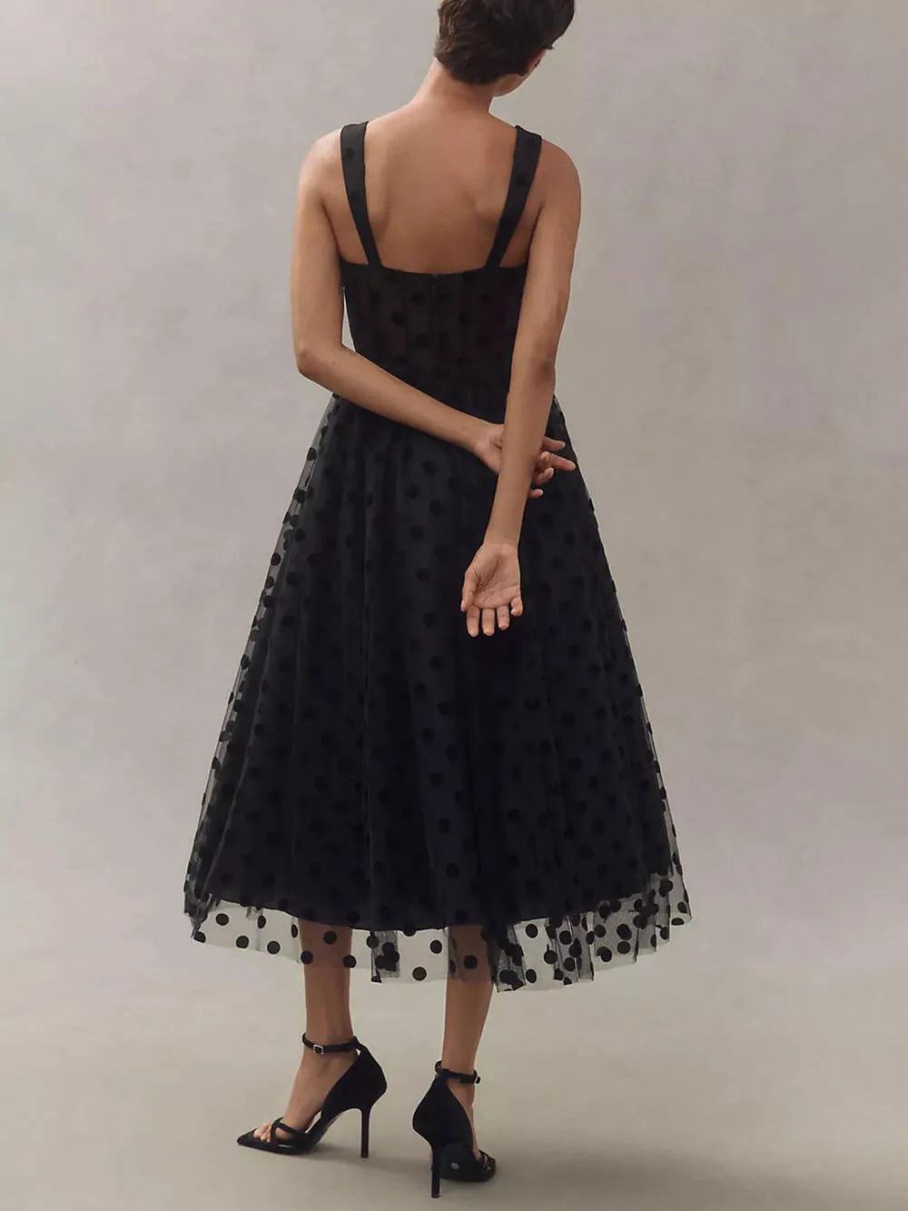 Polka Dot Sweetheart Bustier A-Line Midi Dress-thevervian