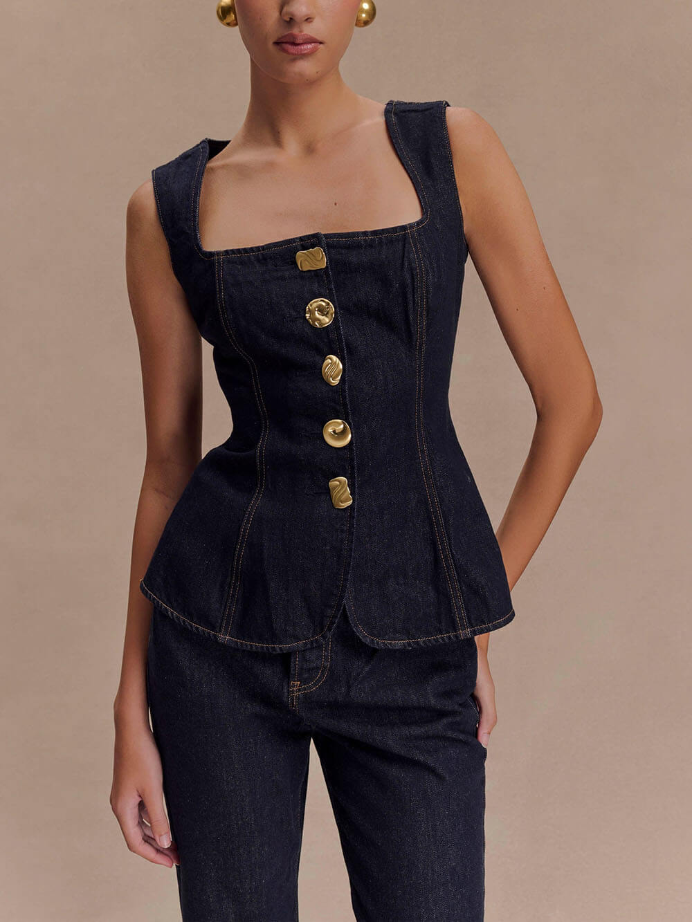 Unique Button-Down Denim Vest Top + Straight Jeans-thevervian