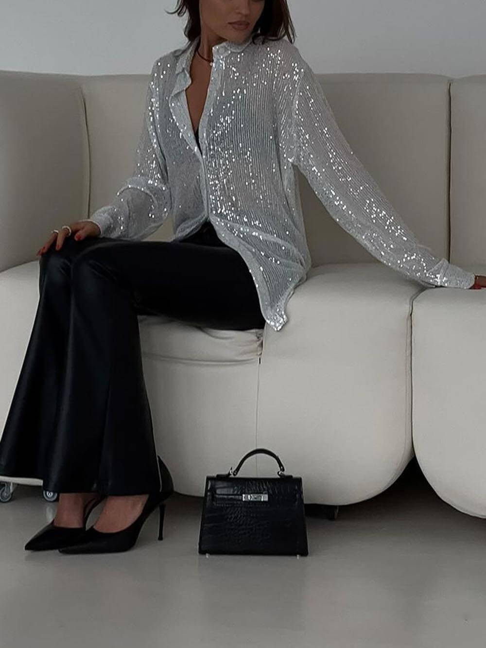 Stylish Sequined Collared Long-sleeved Shirt-thevervian