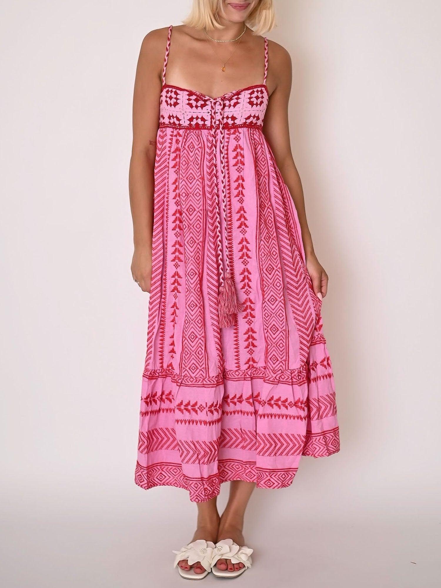 Pink Embroidered Midi Dress-thevervian