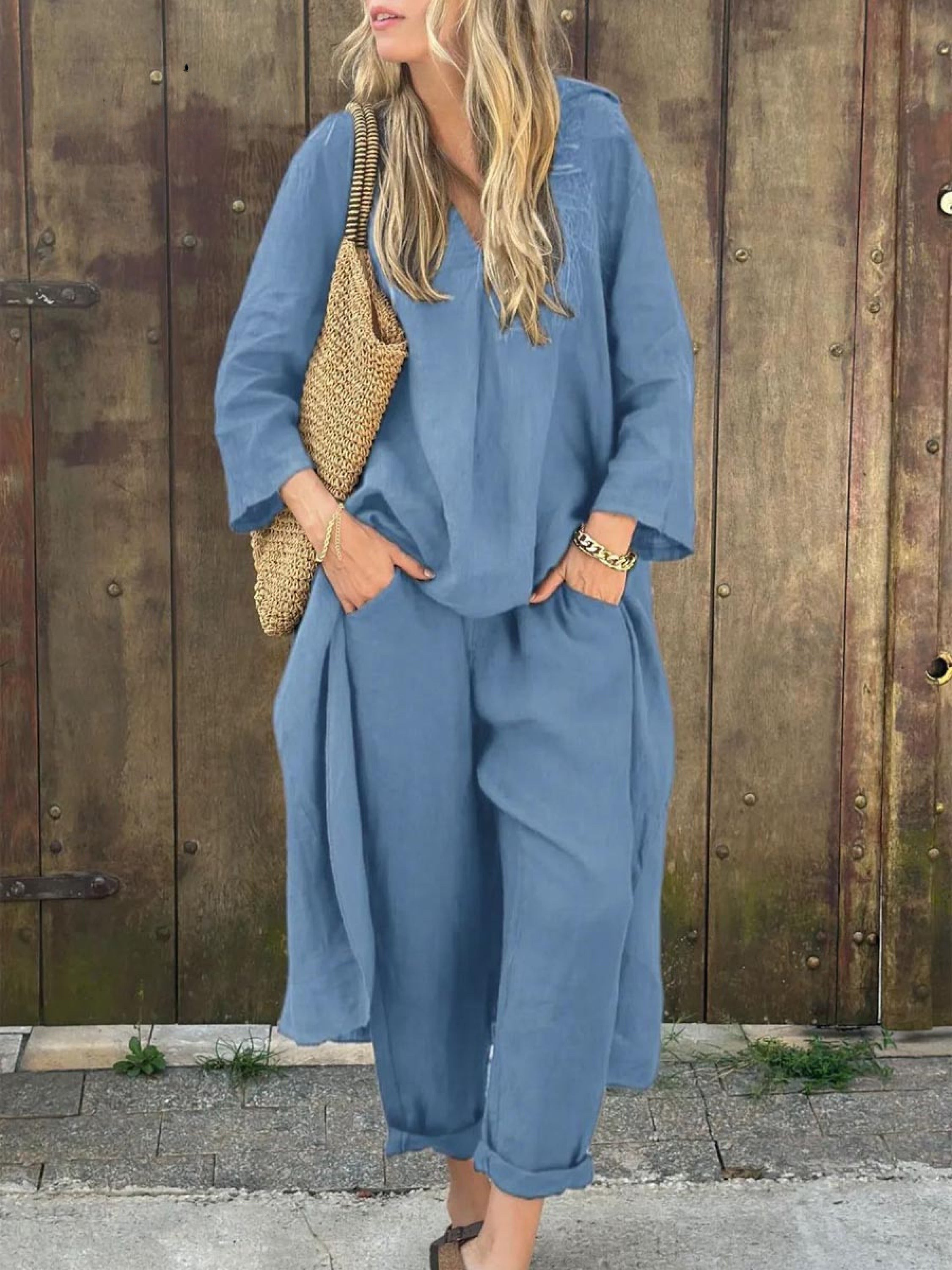 Linen Irregular Loose V-neck Top and High-Waisted Pocket Wide-leg Pants Set-thevervian