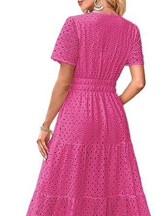 Cotton Casual Short Sleeve Hollow Pocket Midi Dress-thevervian