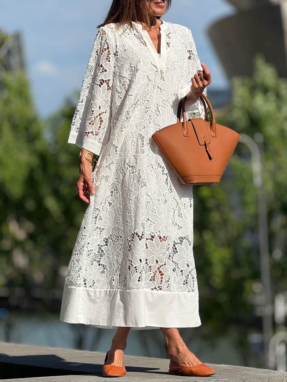 Flower Lace V-Neck Bell Sleeve Loose Midi Dress-thevervian