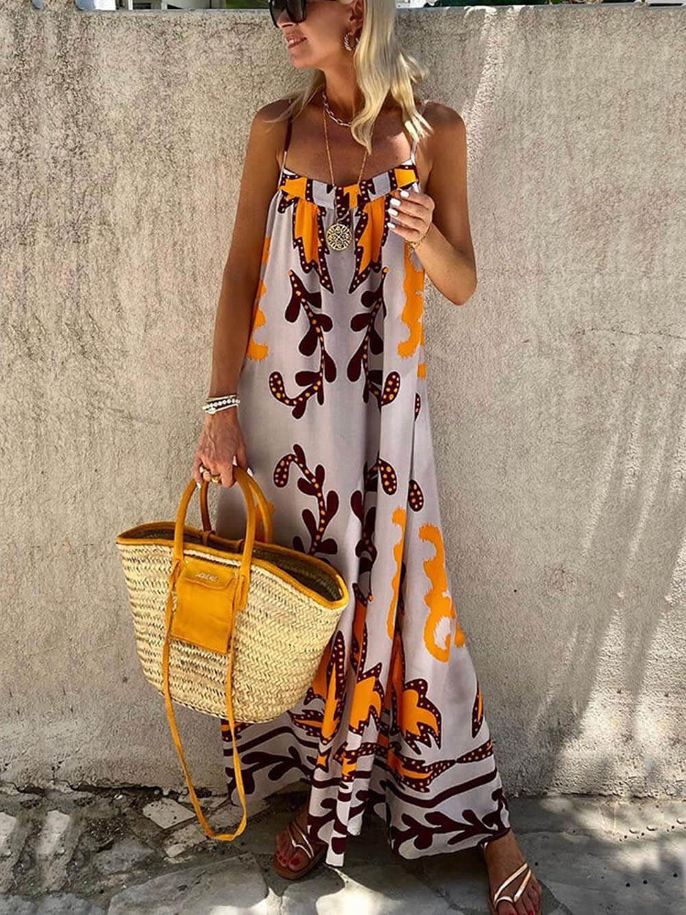 Loose Ethnic Printed Cami Maxi Dress-thevervian