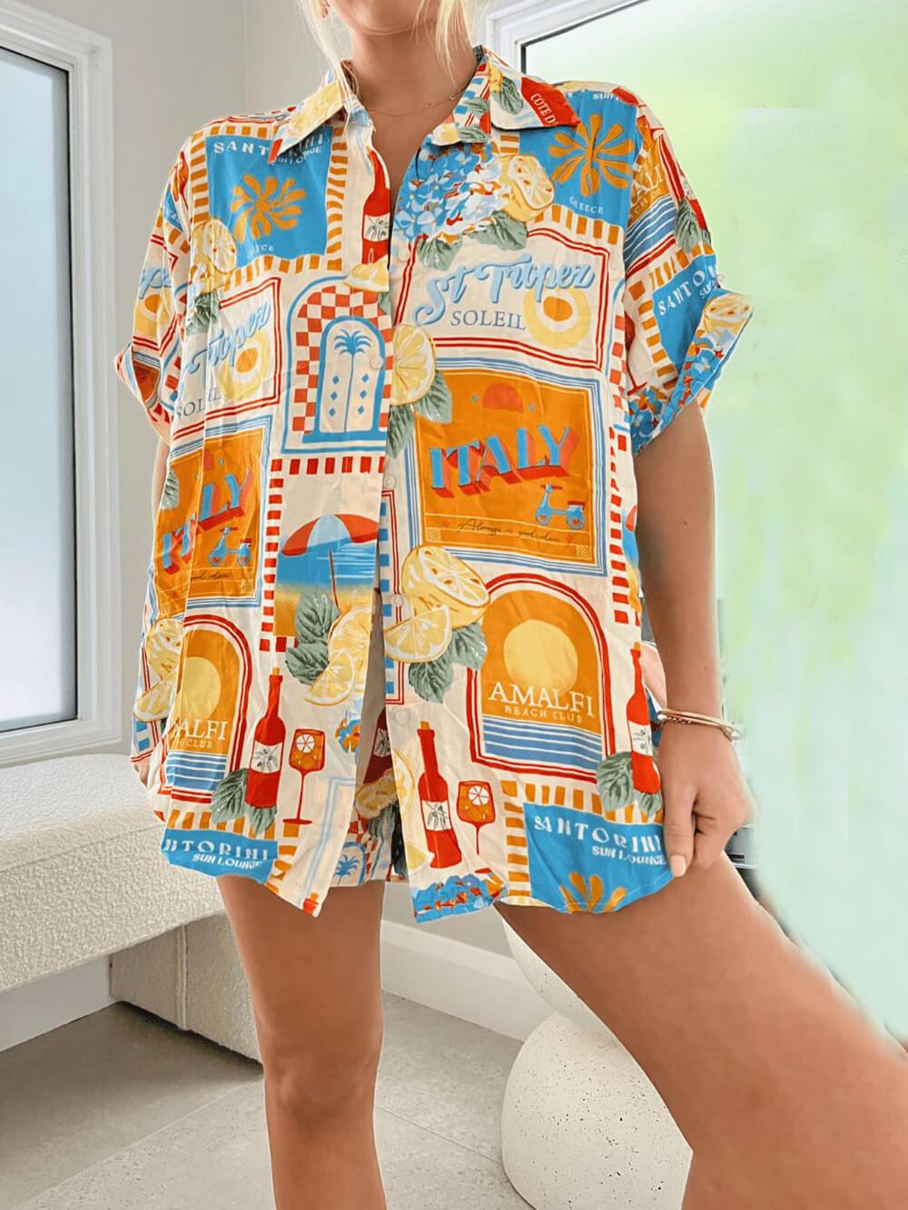Loose Sun Lounger Printed Shirt Shorts Set-thevervian