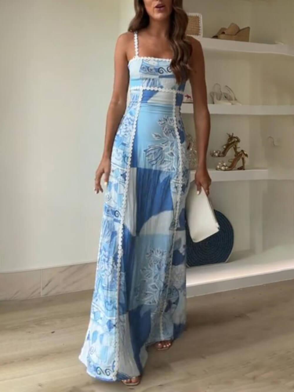 Halter Straps Lace Patchwork Printed Back Tie Halter Flare Maxi Dresses-thevervian
