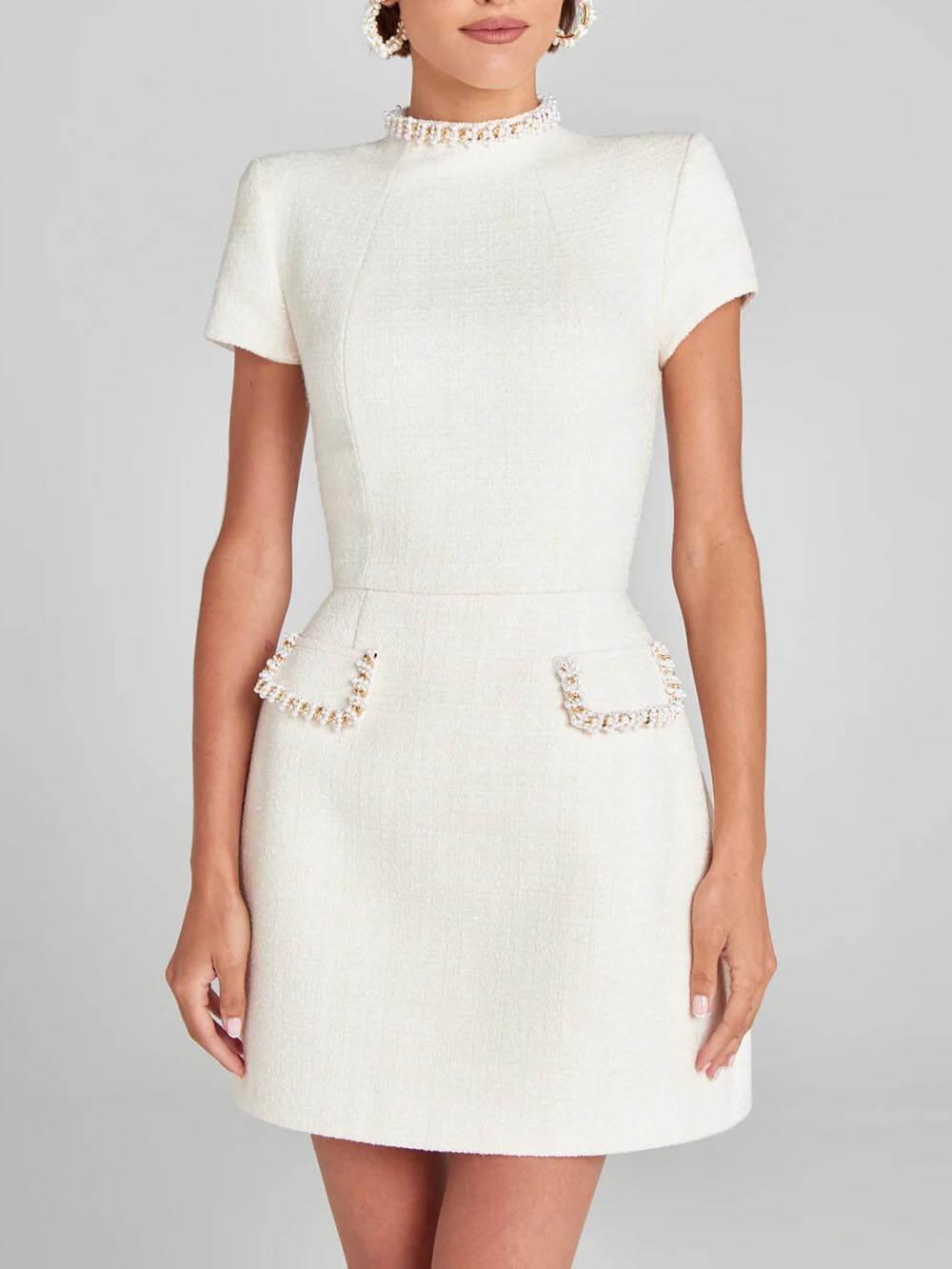 Exquisite And Playful Pearl Trim Pocket Mini Dress-thevervian