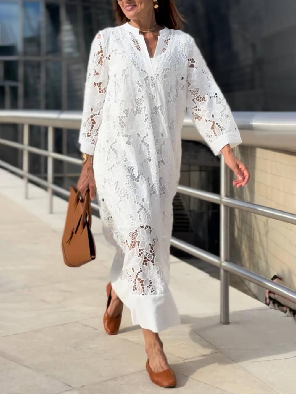 Flower Lace V-Neck Bell Sleeve Loose Midi Dress-thevervian