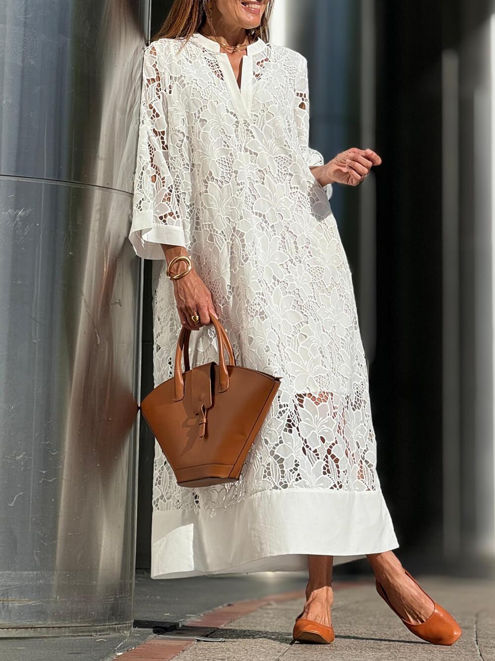 Flower Lace V-Neck Bell Sleeve Loose Midi Dress-thevervian