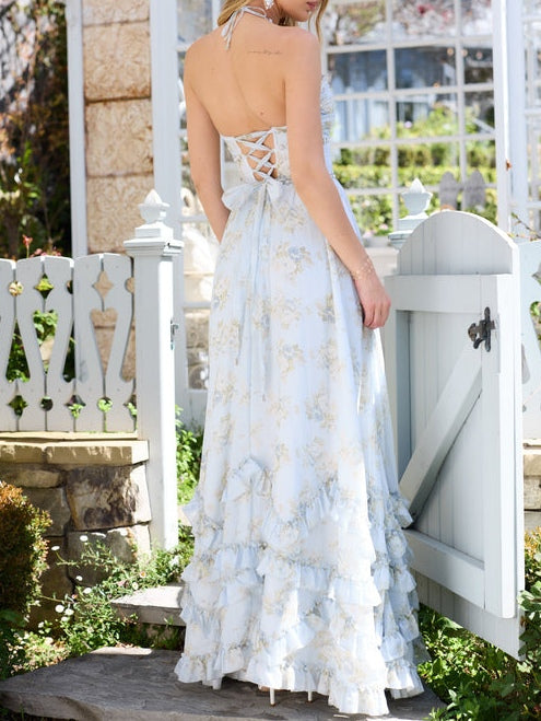 Floral Faux Pearl Frill Split Maxi Dress-thevervian