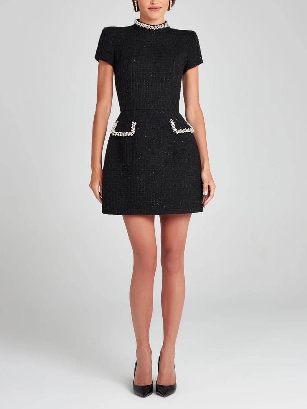 Exquisite And Playful Pearl Trim Pocket Mini Dress-thevervian