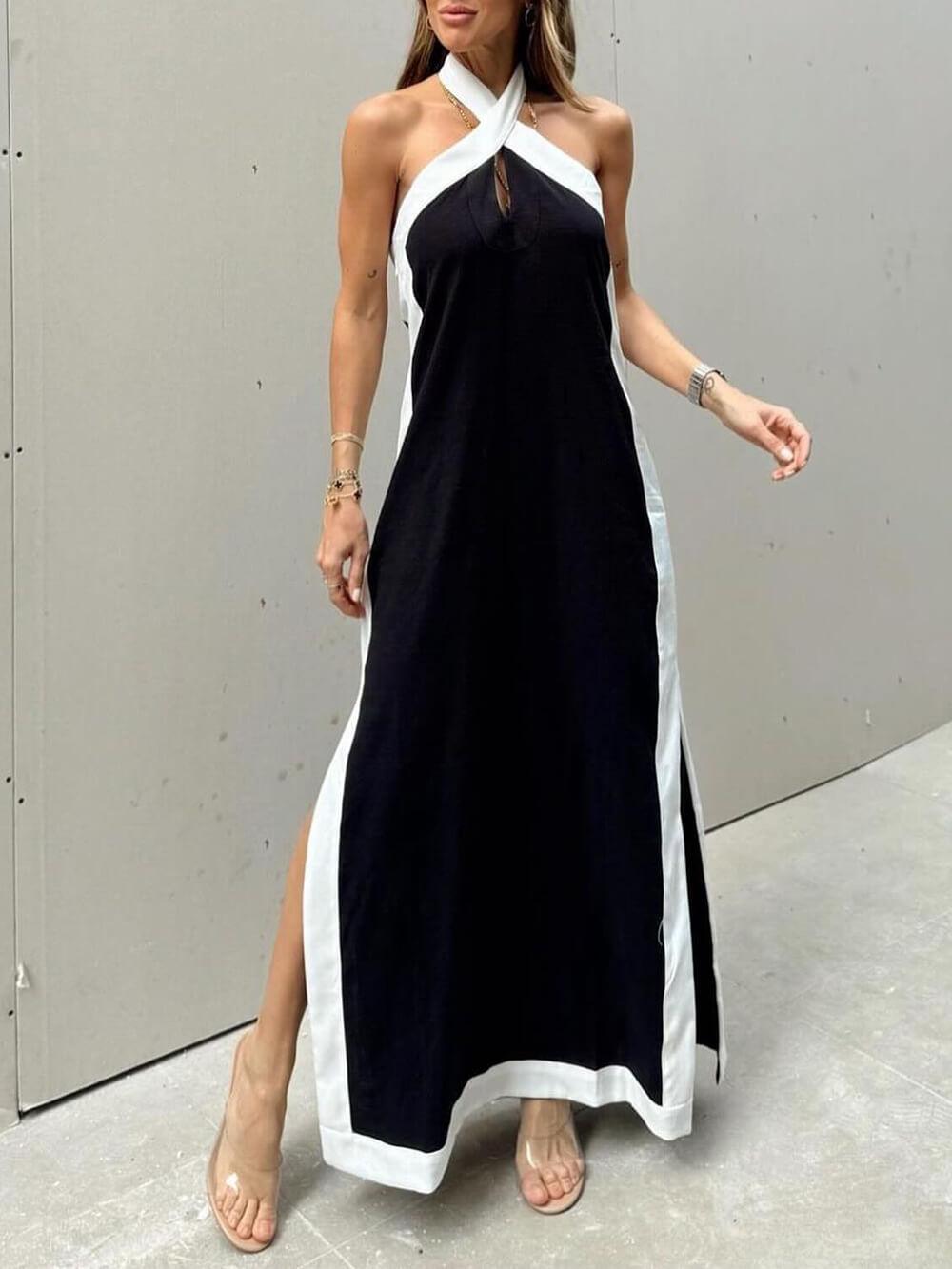 Halter Neck Slit Color Block Maxi Dress-thevervian
