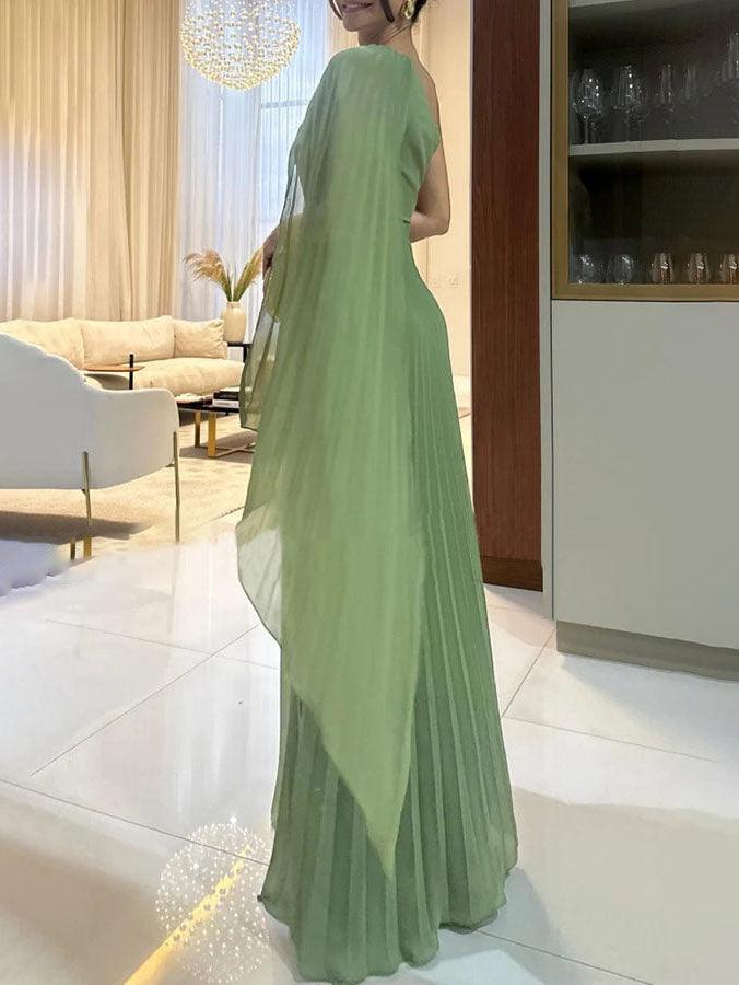 Elegant Flowing Pleated Off-the-Shoulder Maxi Dress-thevervian