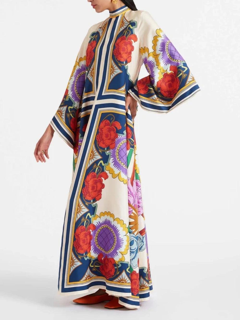 Exquisite Floral Print Draped Waterfall Sleeves Maxi Dress-thevervian