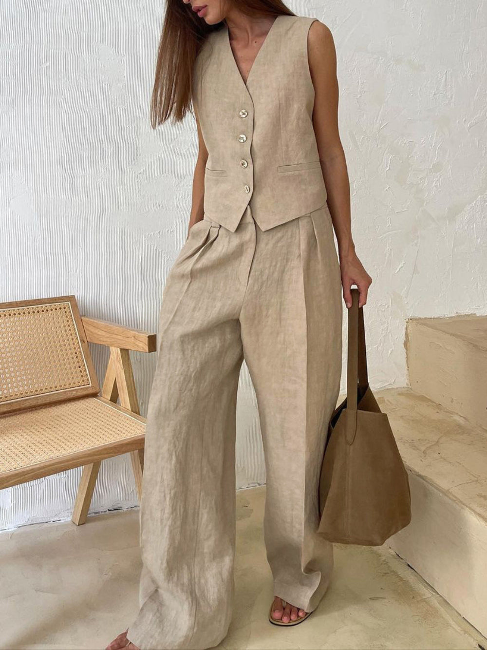 Classic V-neck Pleated Cotton and Linen Wide-leg Pants Suit-thevervian