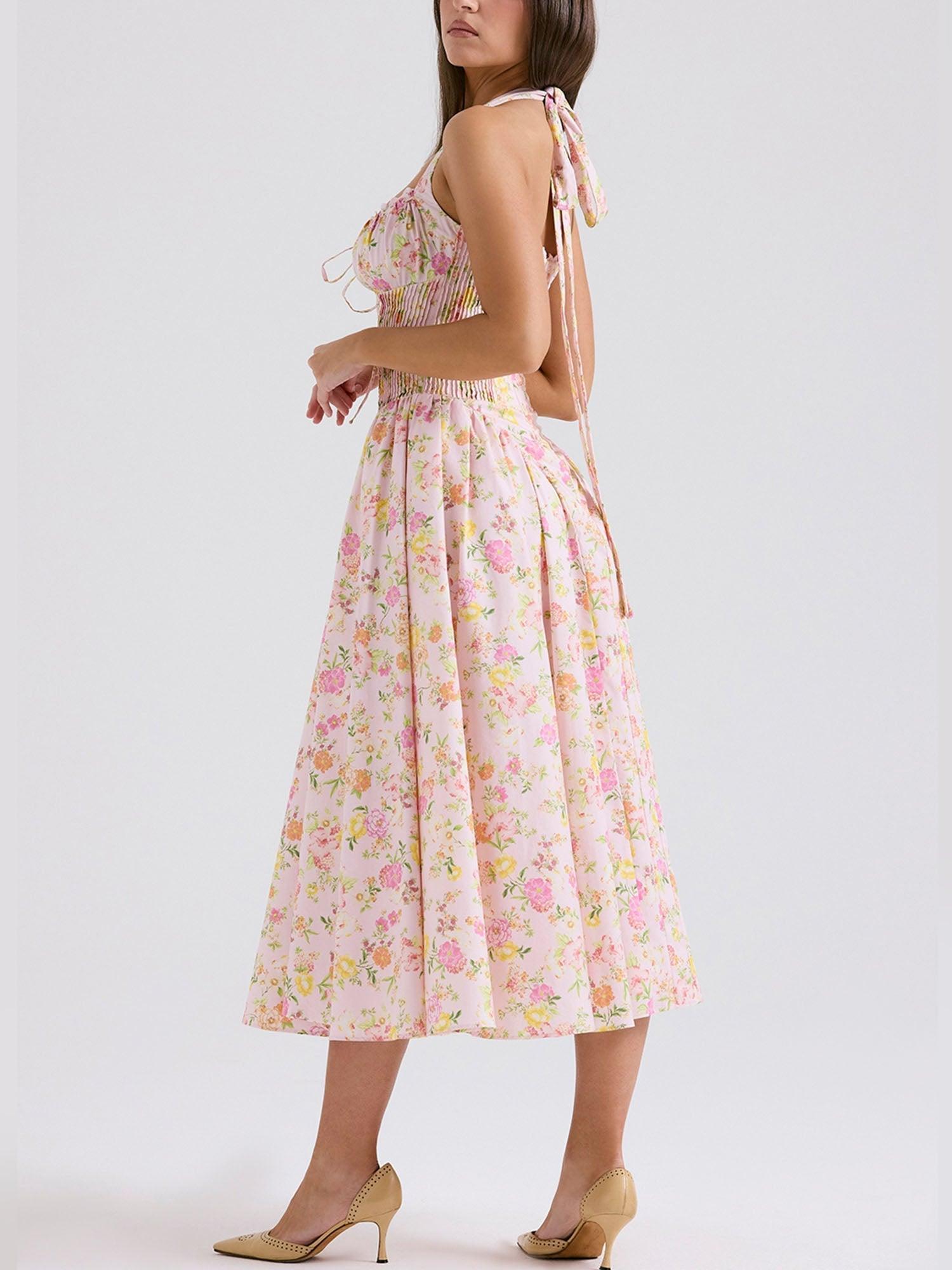 Romantic Floral Corset Midi Dress-thevervian
