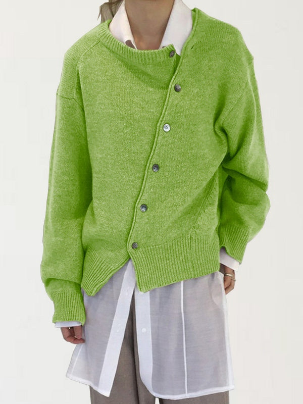 Slanted button irregular design lazy style sweater-thevervian