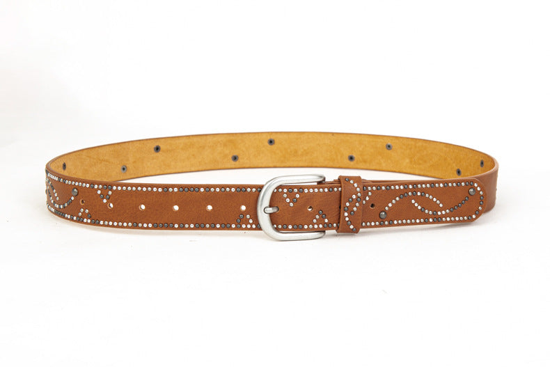 Distressed dark gold cracked PU leather rivet belt-thevervian