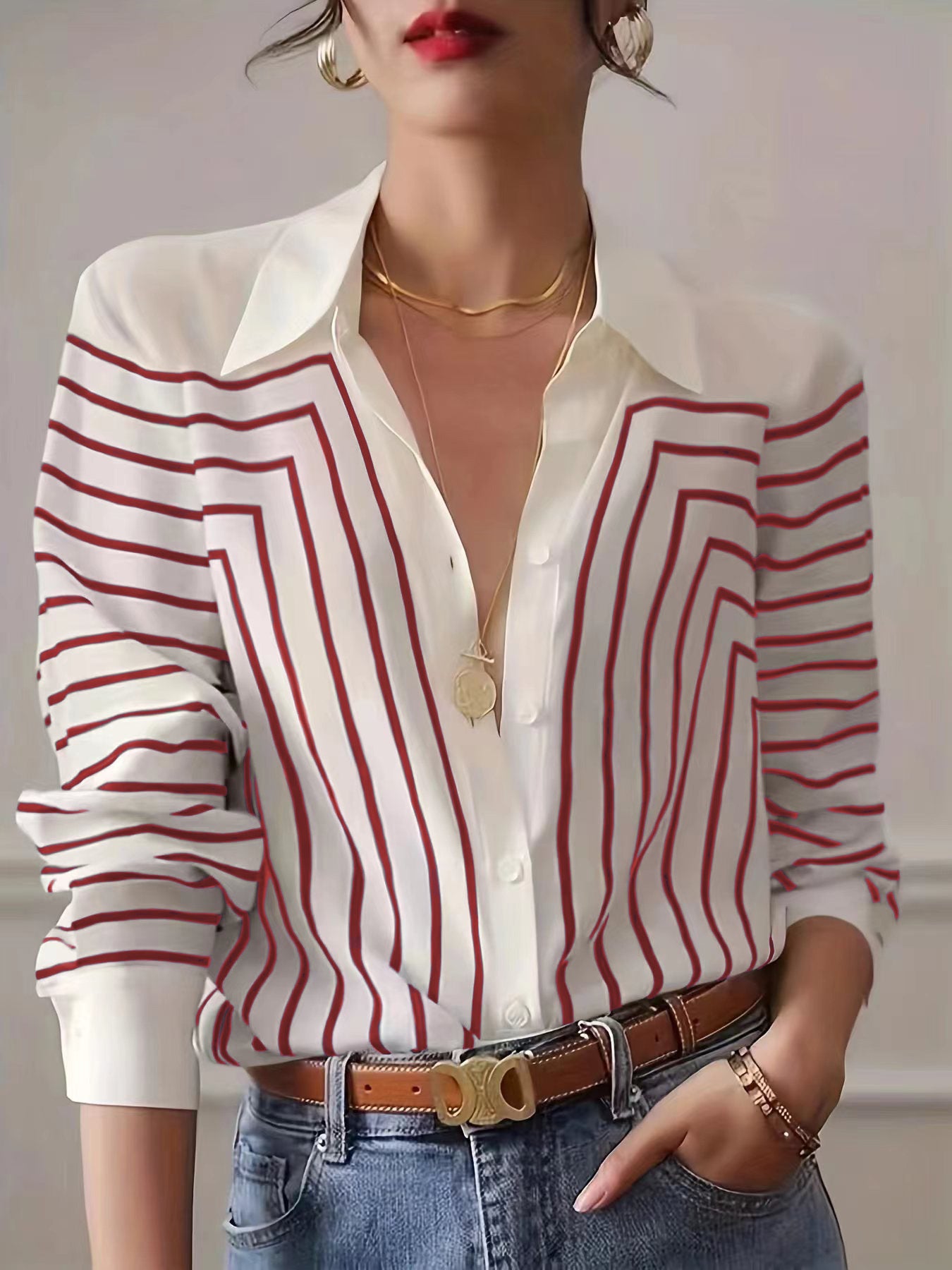 Autumn women's striped long-sleeved shirt-thevervian