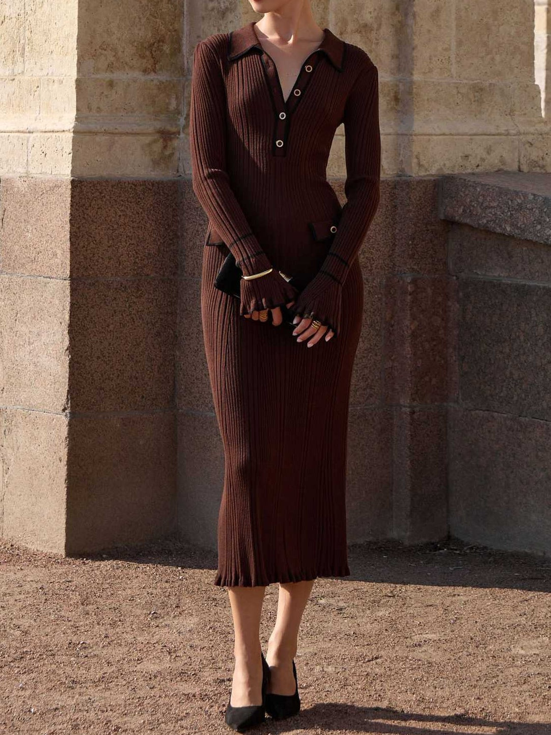Contrast color Chanel style knitted elegant maxi dress-thevervian