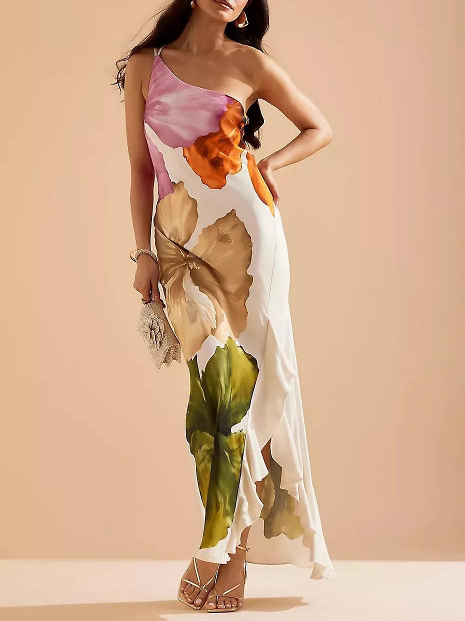 Elegant Exquisite Floral Print One-shoulder Maxi Dress-thevervian