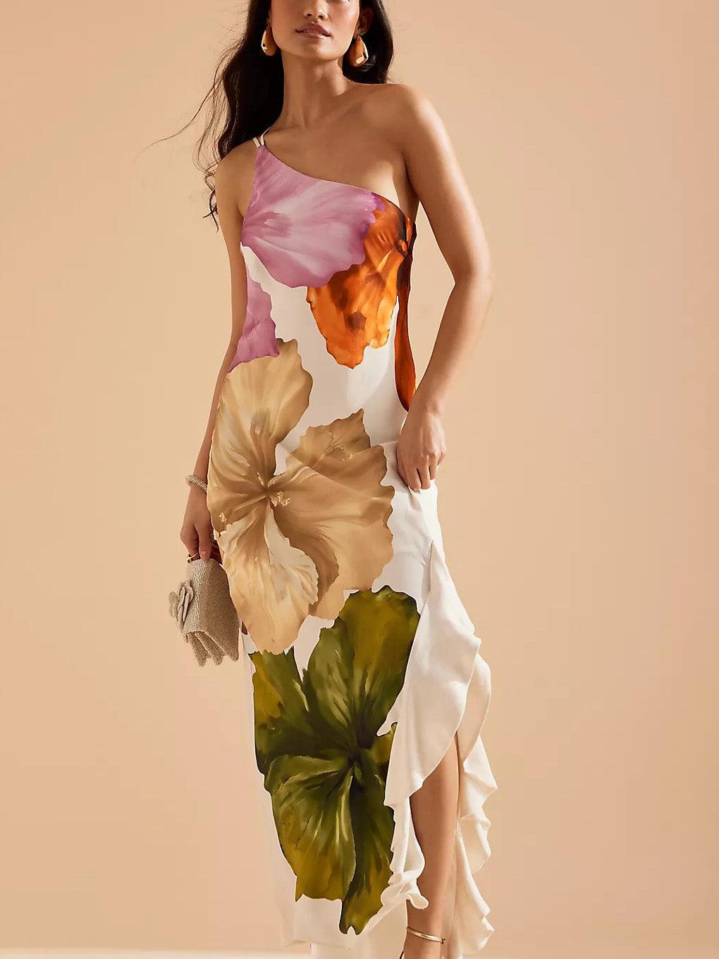 Elegant Exquisite Floral Print One-shoulder Maxi Dress-thevervian