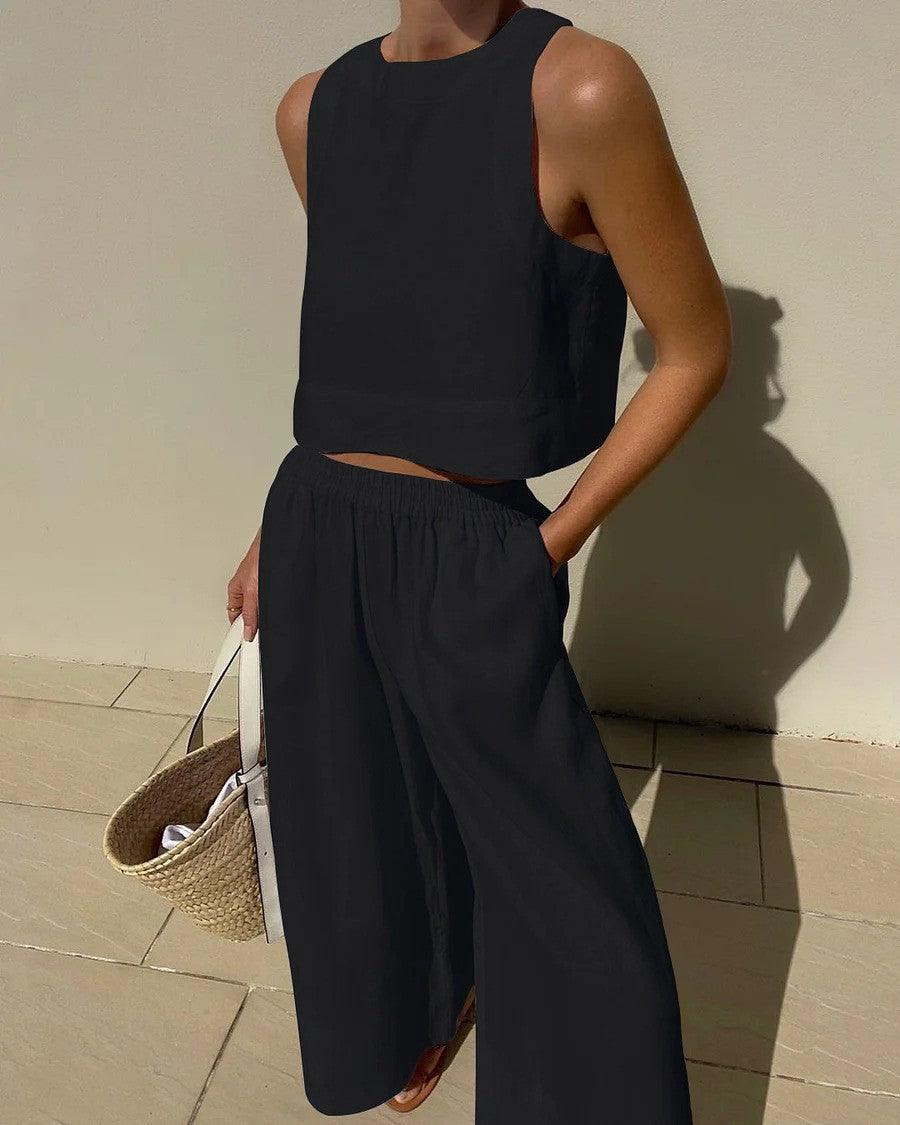 Chic Solid Color Sleeveless 2pieces Set-thevervian
