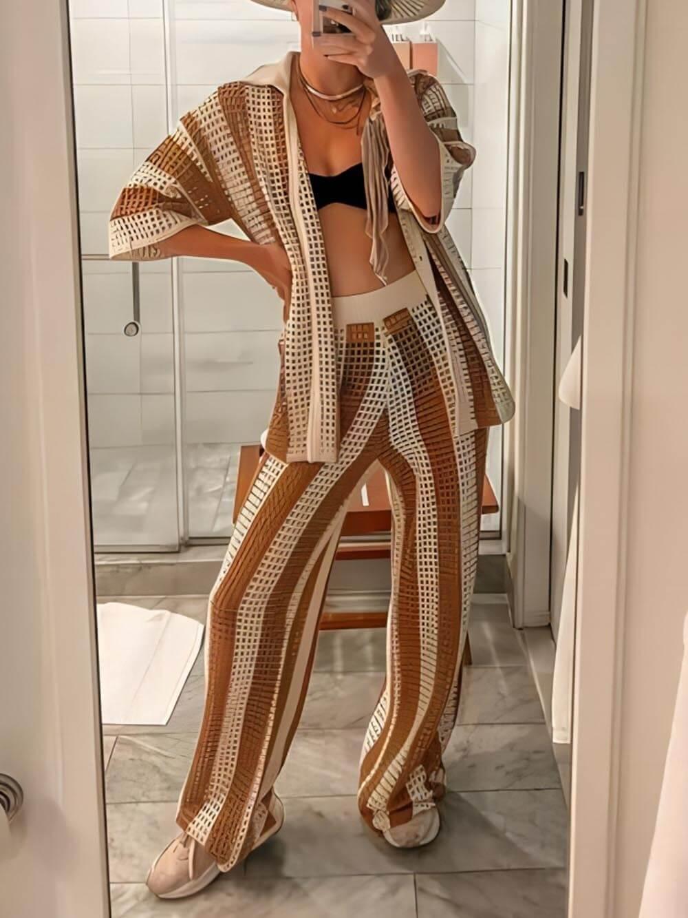 Loose V-Neck Fashion Hollow Out Striped Shirt Wide Leg Pants Set-thevervian