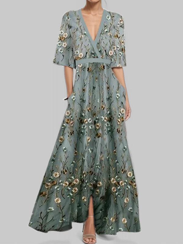 Elegant Mid Sleeve Maxi Dress-thevervian