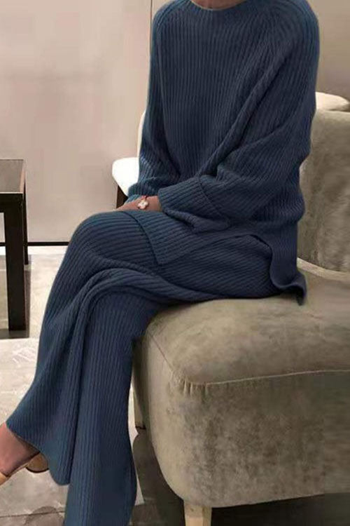 Long-sleeved solid color knitted casual sweater two-piece-thevervian