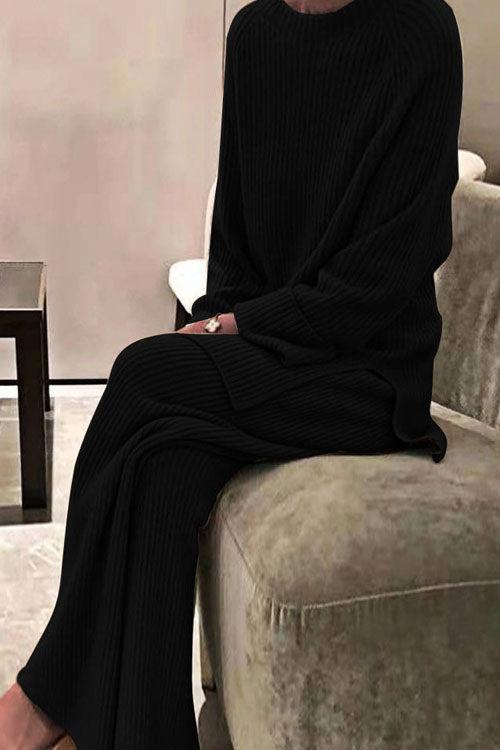 Long-sleeved solid color knitted casual sweater two-piece-thevervian